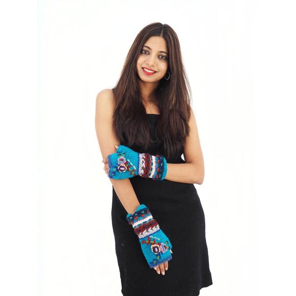 Handmade crochet hand knitted blue floral 100% wool fleece fingerless gloves - Picture 5 of 11